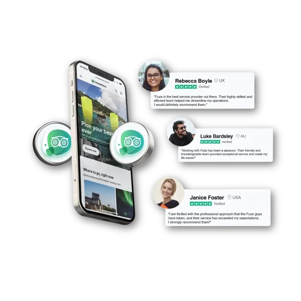 Reference illustration of a review platform on a phone with example feedback cards